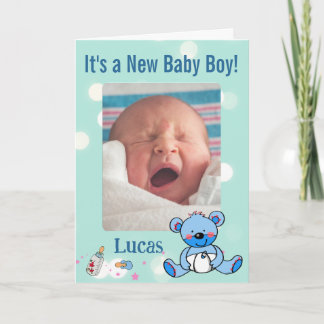 Baby Boy Photo Announcement blue Teddy Bear Theme