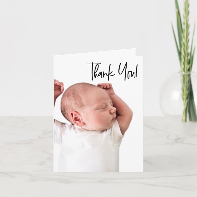 Baby Boy Photo baby shower vertical Handlettering Thank You Card (Front)