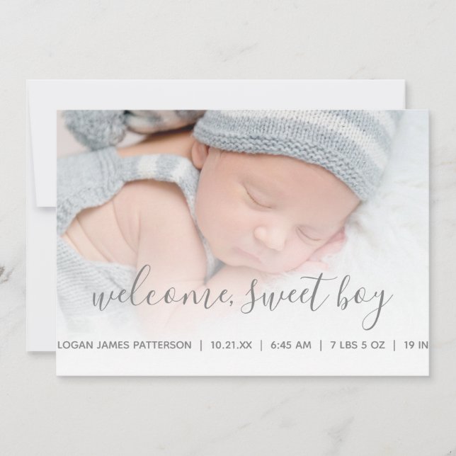 Baby Boy Photo Birth Announcement Grey Quatrefoil (Front)