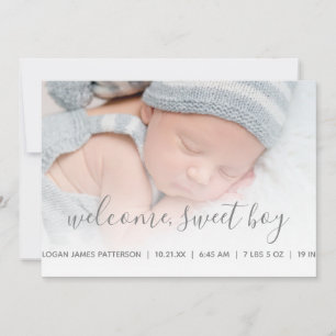Baby Boy Photo Birth Announcement Grey Quatrefoil