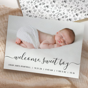 Baby Boy Photo Black White Script Hearts Birth Announcement