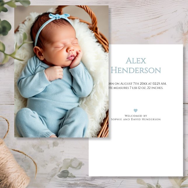 Baby Boy Photo Blue Birth Announcement Card (Baby Boy Photo Blue Birth Announcement Card, double sided)