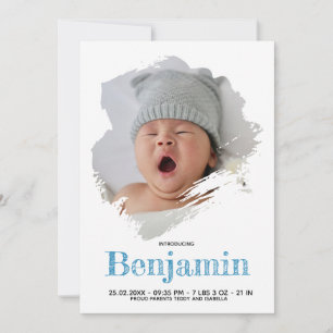 Baby Boy Photo Blue Script White Stripe Birth Announcement