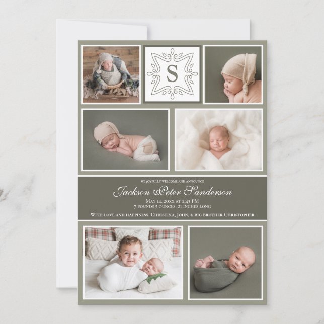 Baby Boy Photo Collage Olive Green Monogram Birth Announcement (Front)