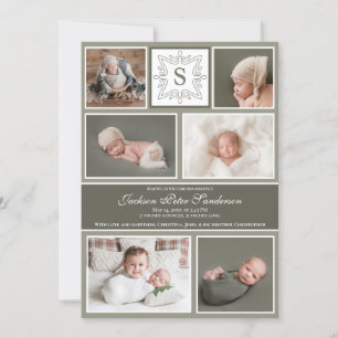 Baby Boy Photo Collage Olive Green Monogram Birth Announcement