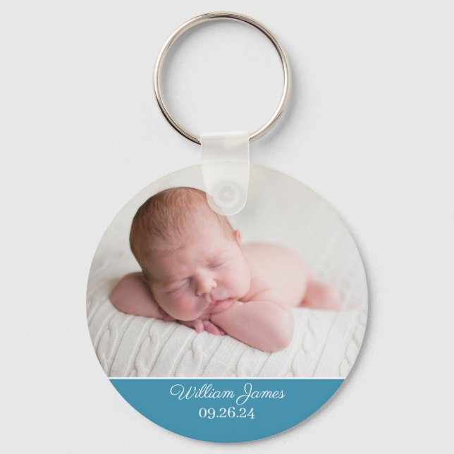 Baby Boy Photo Elegant Blue Birth Announcement Key Ring (Front)