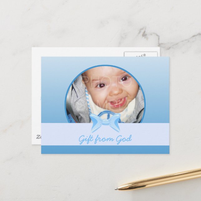 Baby boy Photo Gift from God Blue bow Bible verse Postcard (Front/Back In Situ)