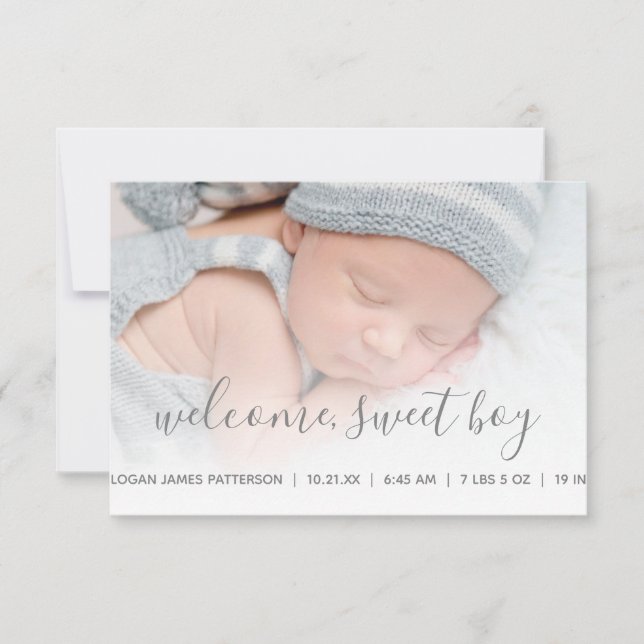 Baby Boy Photo Grey Quatrefoil Birth Announcement (Front)