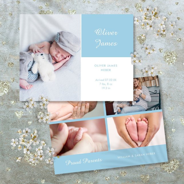 Baby Boy Photo Modern Elegant Script Blue Birth Announcement Postcard (Baby Boy Photo Modern Elegant Script Blue Birth Announcement Postcard)