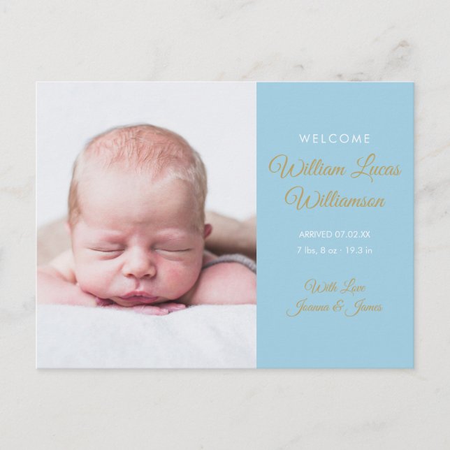 Baby Boy Photo Modern Gold Script Birth Announcement Postcard (Front)