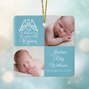 Baby Boy Photo Rejoice Angel Cute Blue Christmas Ceramic Ornament