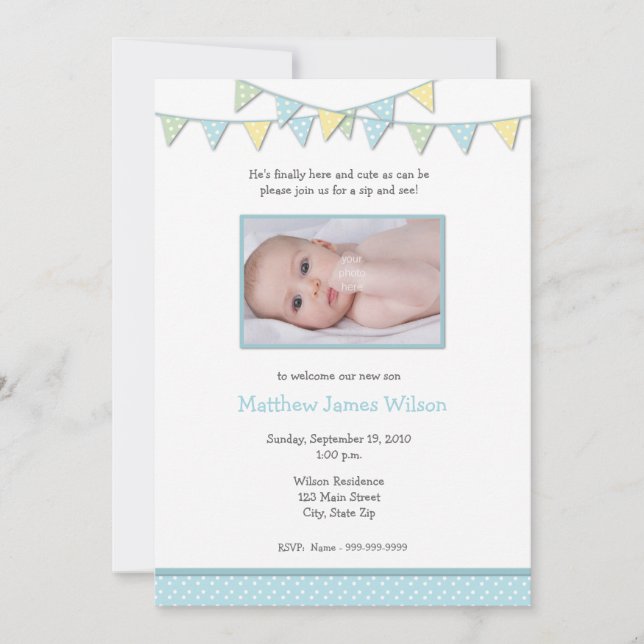 Baby Boy Photo Sip and See Invitation (Front)