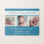 Baby Boy Photo Will You Be My Godparents Cute Blue Jigsaw Puzzle<br><div class="desc">Will you be my godparents? A classic baby boy photo puzzle in cerulean blue with beautiful cursive typography above your sweet newborn photograph collage. Customise this keepsake gift with your favourite pictures of your new infant above their birth date and height and weight stats.</div>