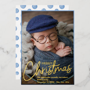 Baby boy Photos Modern Elegant Calligraphy Birth Foil Holiday Card