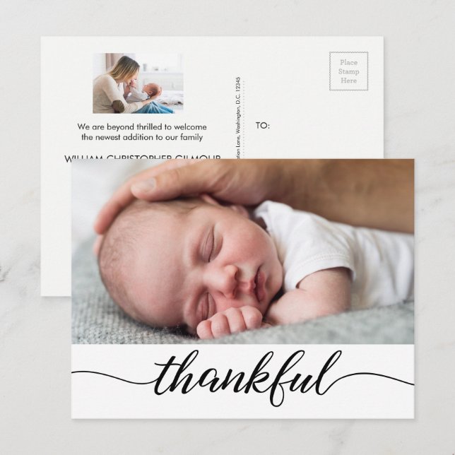 Baby Boy Photos Name Thankful Baby Shower Announcement Postcard (Front/Back)