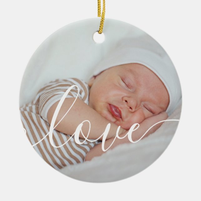 Baby Boy Photos White Script Announcement Ceramic Tree Decoration (Front)