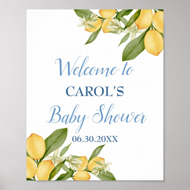Baby Boy Positano Lemons Blue Baby Shower Welcome Poster (Front)