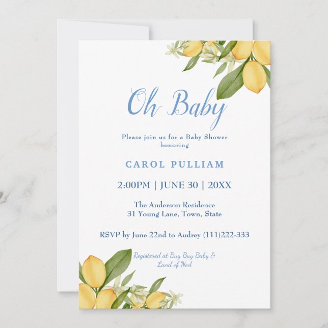 Baby Boy Positano Lemons Blue Pattern Baby Shower Invitation (Front)