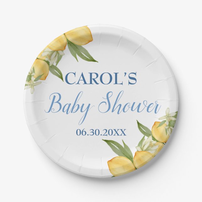 Baby Boy Positano Lemons Blue Pattern Baby Shower Paper Plate (Front)