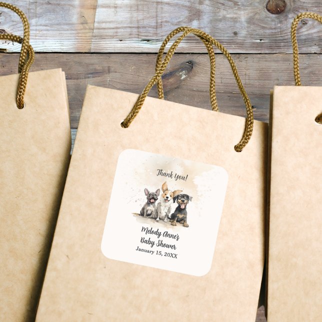 Baby Boy Puppy Dog Tails Baby Shower Thank You Square Sticker (Puppy Dog Tails Baby Shower Square Favor Thank You Sticker with Watercolor Puppies, Mom's Name, Date)