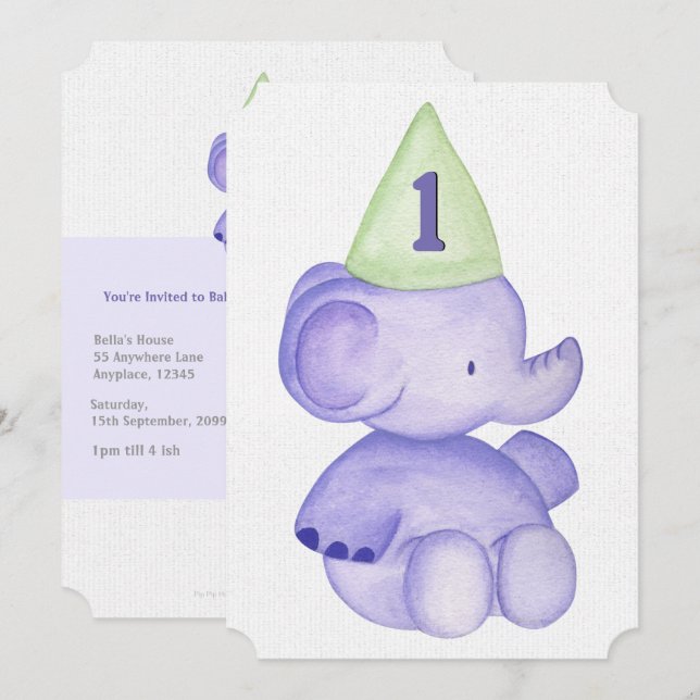 Baby Boy Purple Elephant 1st Birthday Party Invite (Front/Back)