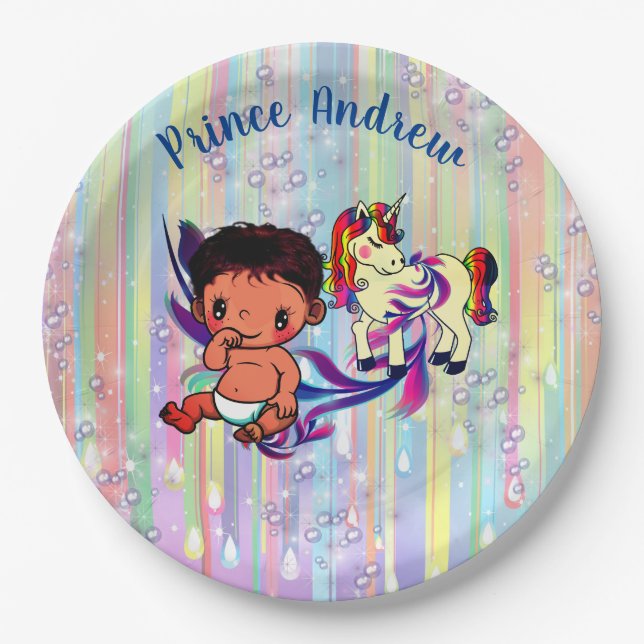 Baby Boy rainbow Bubbles & Unicorns Baby Shower Paper Plate (Front)