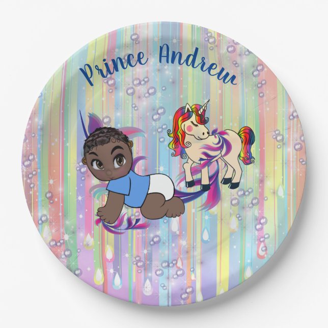 Baby Boy rainbow Bubbles & Unicorns Baby Shower Paper Plate (Front)