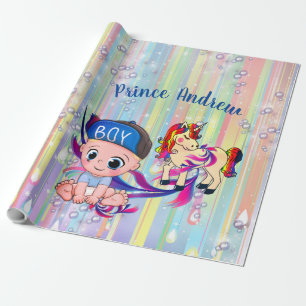Baby Boy rainbow Bubbles & Unicorns Baby Shower Wrapping Paper