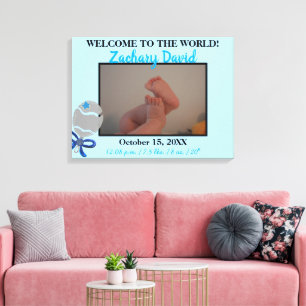 Baby Boy Rattle Birth Stats 24" x 18" Upload PHOTO Canvas Print