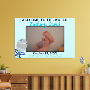 Baby Boy Rattle Photo Birth Stats 36" x 24" Canvas Print
