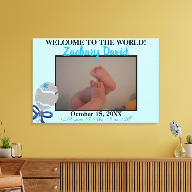 Baby Boy Rattle Photo Birth Stats 36" x 24" Canvas Print (Insitu(LivingRoom))