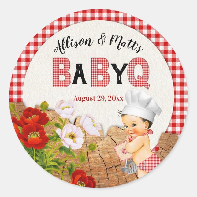 Baby Boy Red Gingham Wood Floral Baby Q BBQ Classic Round Sticker (Front)