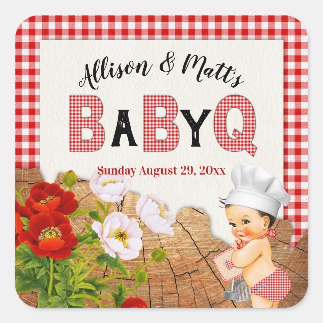 Baby Boy Red Gingham Wood Floral Baby Q BBQ Square Sticker (Front)
