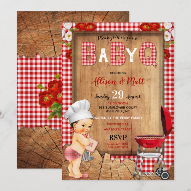 Baby Boy Red Gingham Wood Flowers Baby Q Barbecue Invitation (Front/Back)