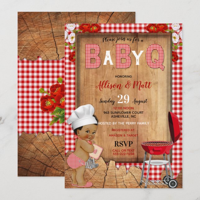Baby Boy Red Gingham Wood Flowers Baby Q Barbecue Invitation (Front/Back)