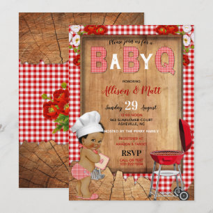 Baby Boy Red Gingham Wood Flowers Baby Q Barbecue Invitation