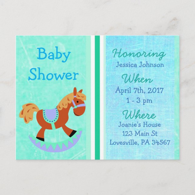 Baby Boy Rocking Horse Blue Baby Shower Invitation Postcard (Front)