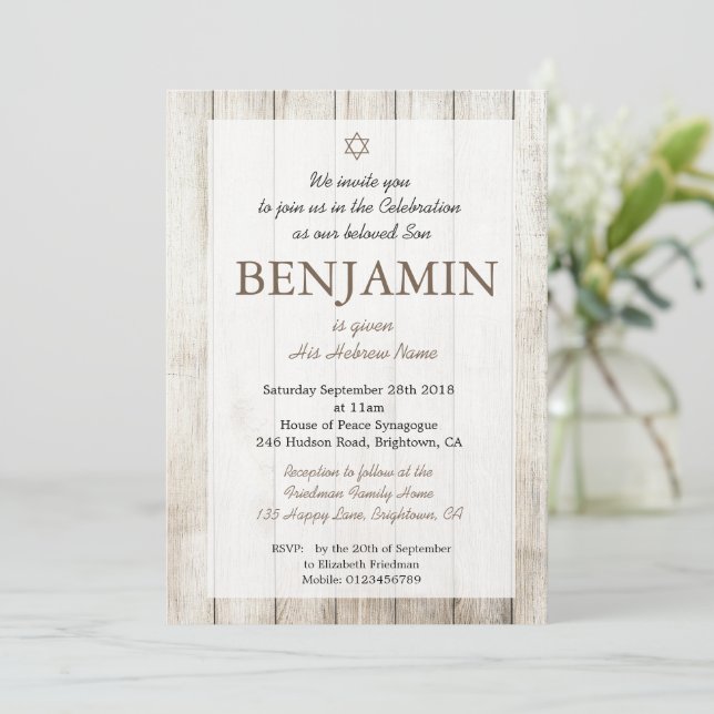 Baby Boy Rustic Naming Ceremony Hebrew Jewish Invitation (Standing Front)