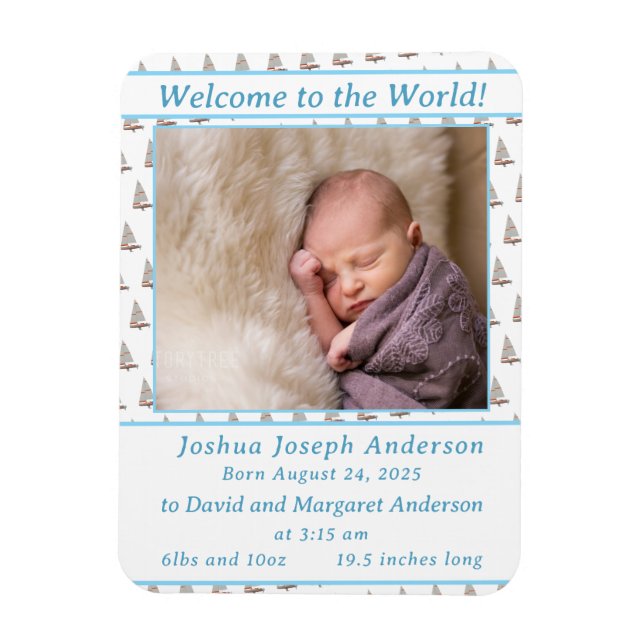 Baby Boy Sailboats Themed Birth Announcement Magnet (Vertical)