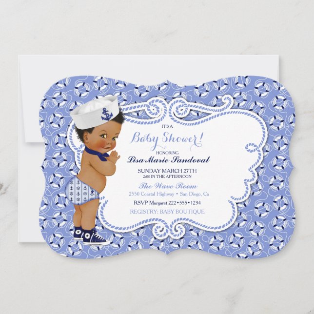 Baby Boy Sailor Nautical Theme Blue & White Invitation (Front)