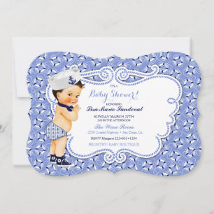 Baby Boy Sailor Nautical Theme Blue White Invitation