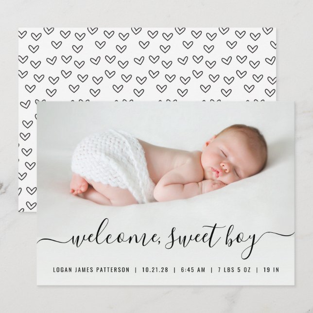 Baby Boy Script Hearts Photo Birth Announcement (Front/Back)