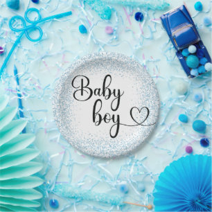 Baby boy script light blue glitter Paper Plate