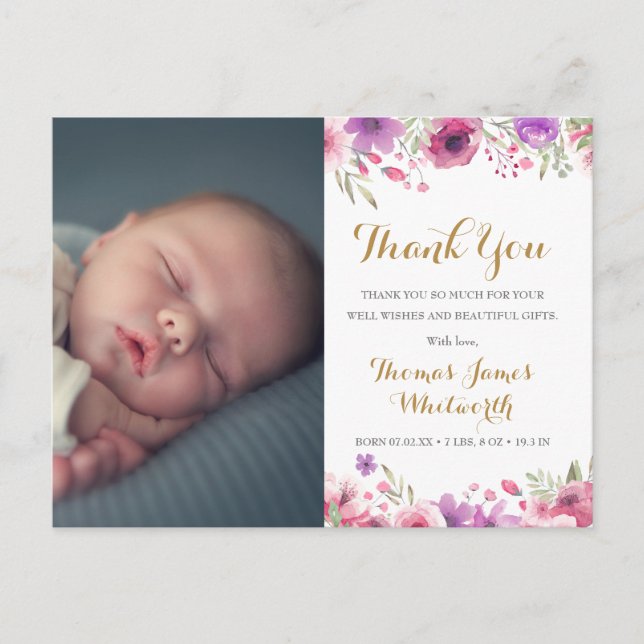 Baby Boy Script Thank You Photo Floral Birth Annou Announcement Postcard (Front)