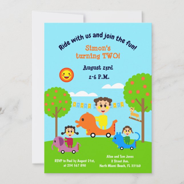 Baby boy second birthday animal electric cars  inv invitation (Front)