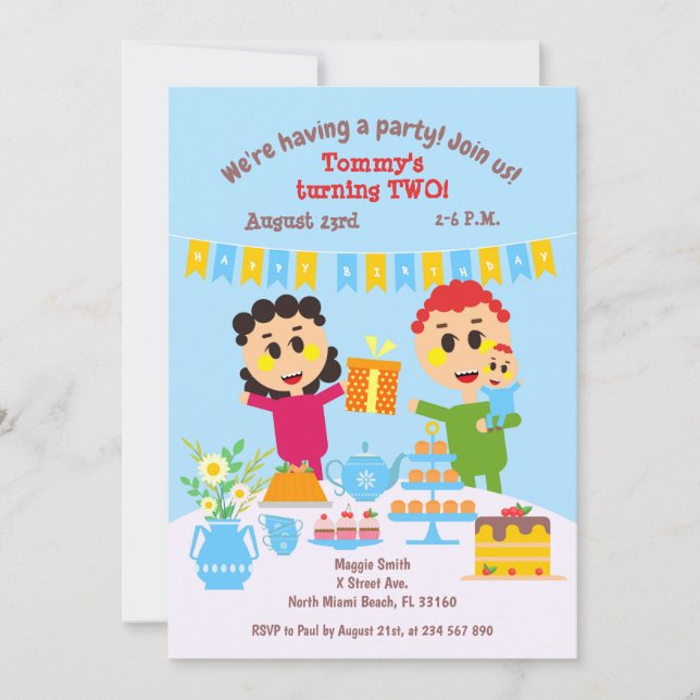 Baby boy second birthday sweet cake invitation (Front)