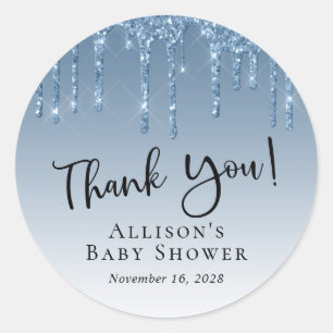 Baby Boy Shower Blue Glitter Thank You Classic Round Sticker