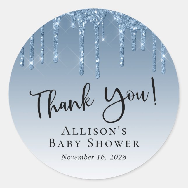 Baby Boy Shower Blue Glitter Thank You Classic Round Sticker (Front)