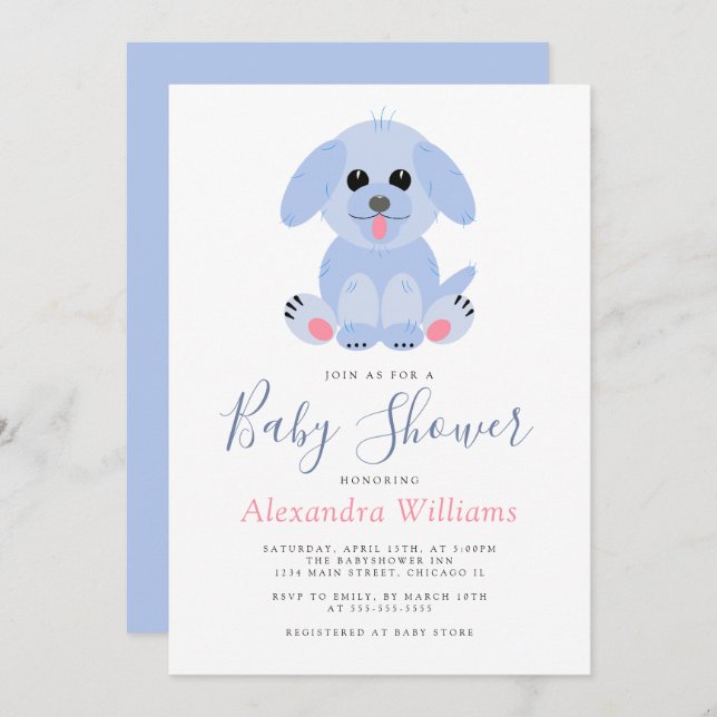 Baby Boy Shower Blue Personalised Puppy Invitation (Front/Back)