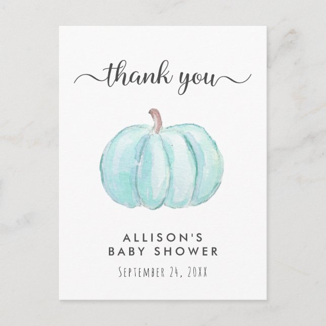 Baby Boy Shower Blue Pumpkin Thank You Postcard (Front)